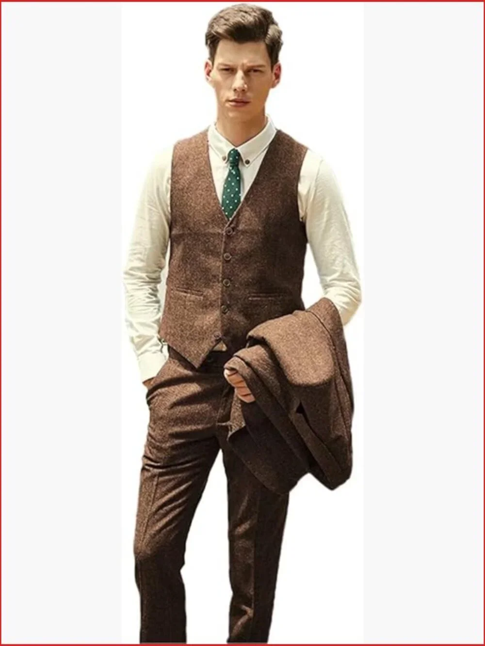 Retro Herringbone Tweed Vest and Pant Set 2 Piece Slim Fit Suit